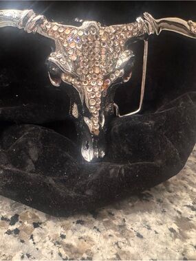 Solid Brass Rhinestone Longhorn Belt Buckle — Western Skull Accent